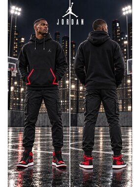Jordan 23 Engineered Men’s M Black Pullover Hoodie Jumpman Red Trim Tech Fleece